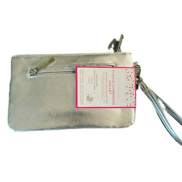 Liz Claiborne Silver Metallic Phone USB Charging Wristlet Wallet RFID - Picture 2 of 3
